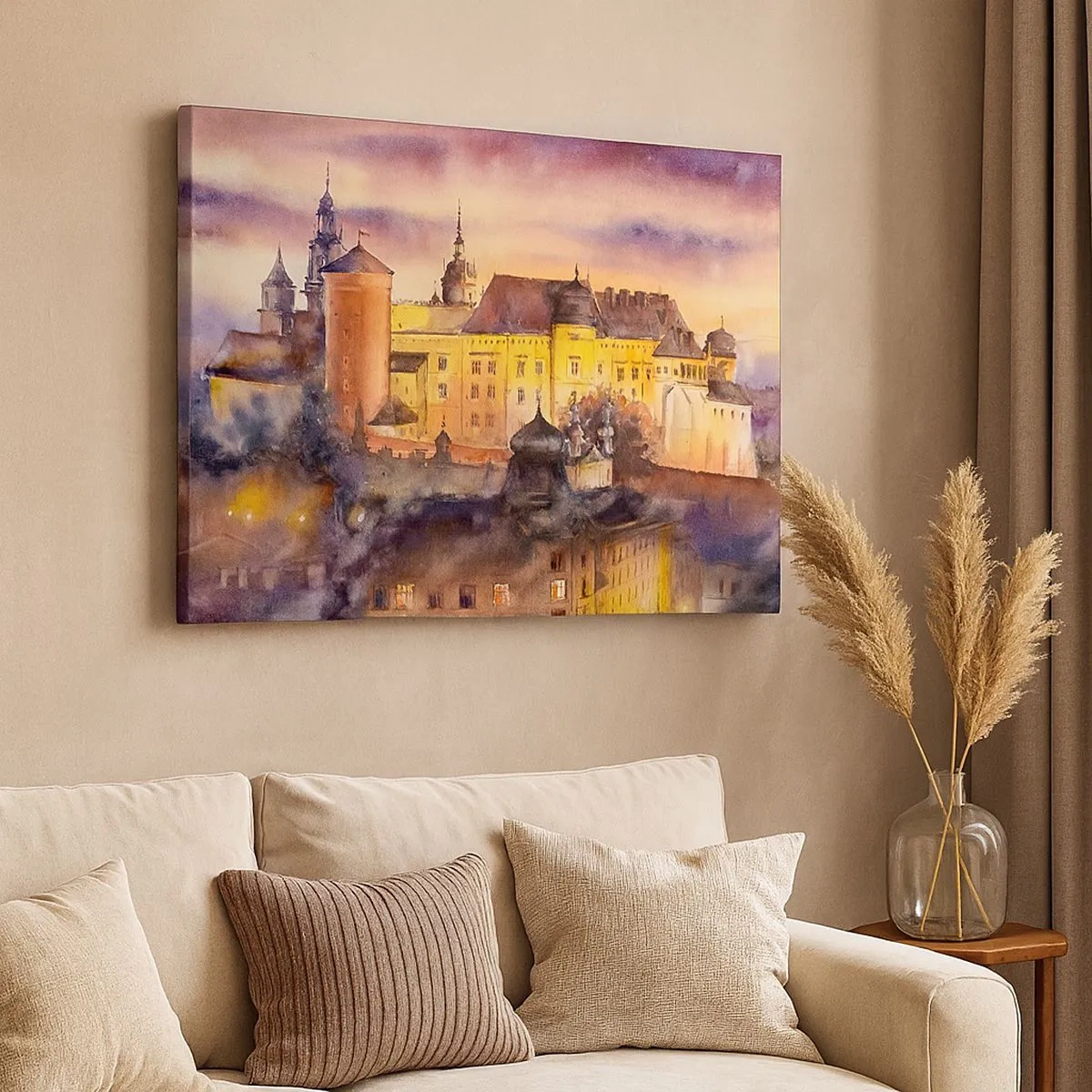 Quadro em tela - Uma pitoresca pintura em aquarela de um castelo ao pôr do sol - 70x50cm - História e conto de fadas - Decoração de parede moderna para a sala de estar e quarto ARTTOR