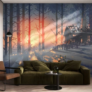 Papel de Parede Autocolante Deluxe Sticker - Somente o sol espreita aqui - Paisagem, Casa de campo na floresta, Floresta - 100x70 cm