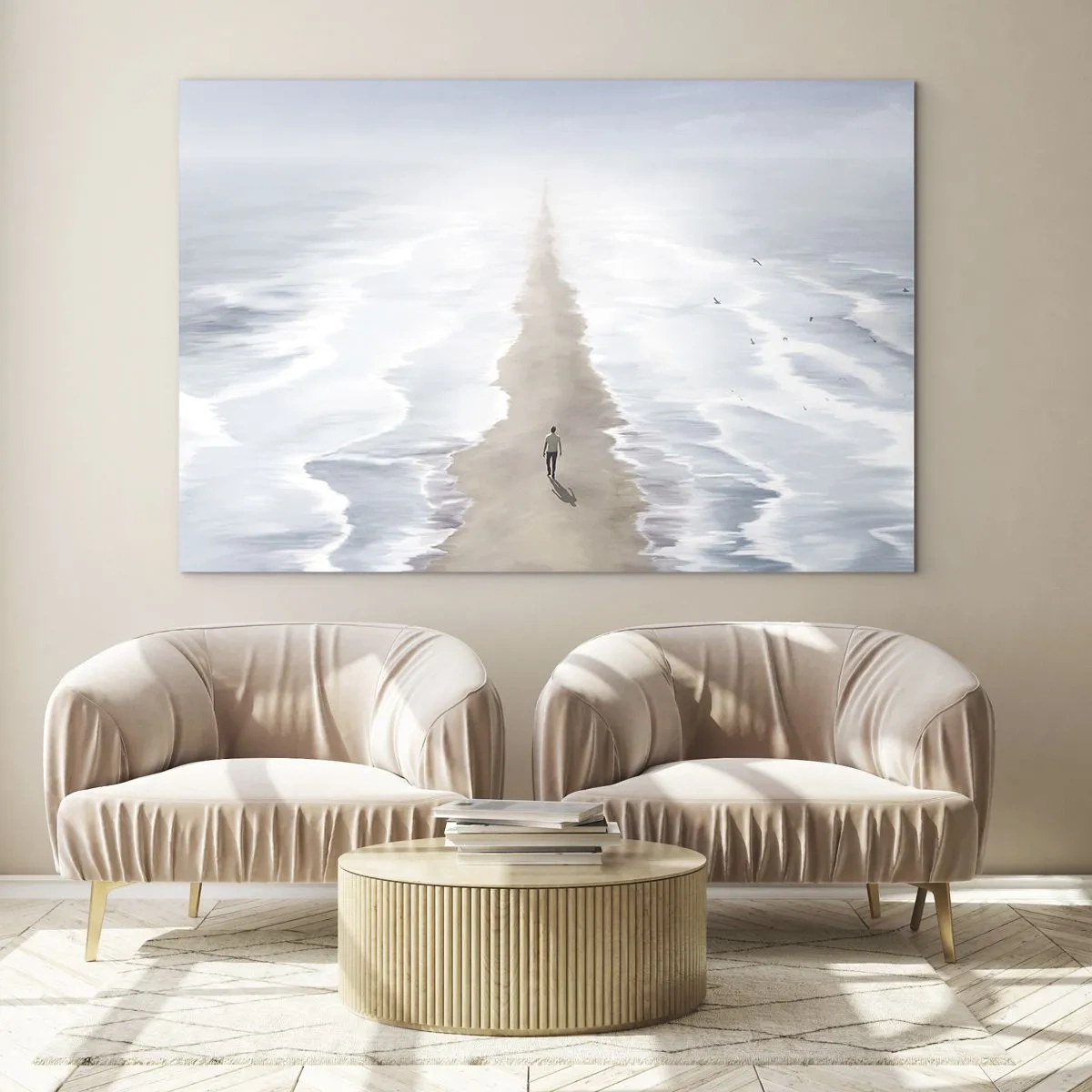 Quadro em vidro - Uma figura caminhando sozinha em direção ao horizonte entre as ondas - 70x50cm - Um futuro brilhante - Decoração de parede moderna para a sala de estar e quarto ARTTOR