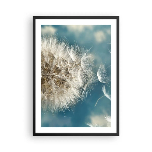 Pôster com moldura preta - Delicadas sementes de dente-de-leão em um fundo azul - 50x70cm - Respiração de um anjo - Decoração de parede moderna para a sala de estar e quarto ARTTOR