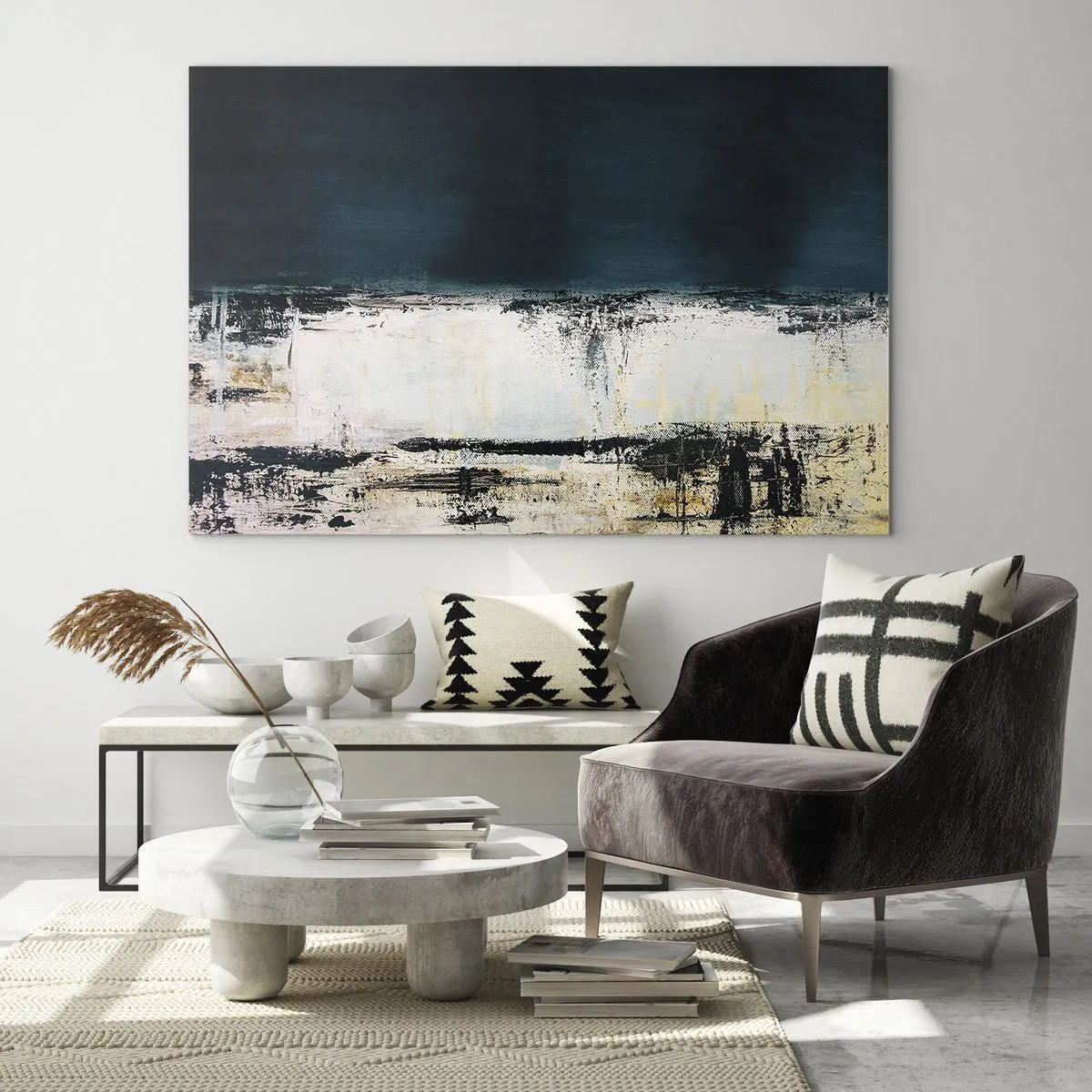 Quadro em vidro - Paisagem abstrata em tons de azul marinho e branco - 70x50cm - Composição horizontal - Decoração de parede moderna para a sala de estar e quarto ARTTOR