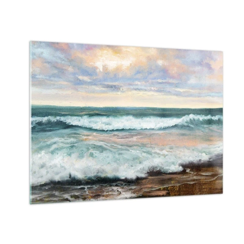 Quadro em vidro - Uma pintura representando ondas quebrando contra a costa - 70x50cm - Aqui suavizas a alma - Decoração de parede moderna para a sala de estar e quarto ARTTOR