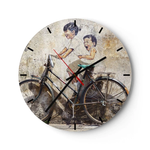 Relógio de parede - Relógio em vidro - Uma parede com uma pintura de crianças em uma bicicleta - 30x30cm - Verdadeiro ou falso? - Decoração de parede moderna para a sala de estar, cozinha e quarto ARTTOR