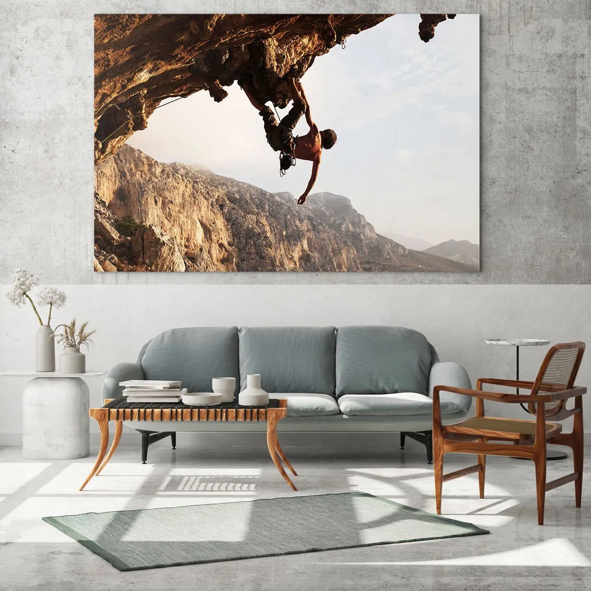 Quadro em vidro - Escalando uma rocha vertical em uma paisagem montanhosa - 70x50cm - O mundo encolhido num punhado de rochas - Decoração de parede moderna para a sala de estar e quarto ARTTOR