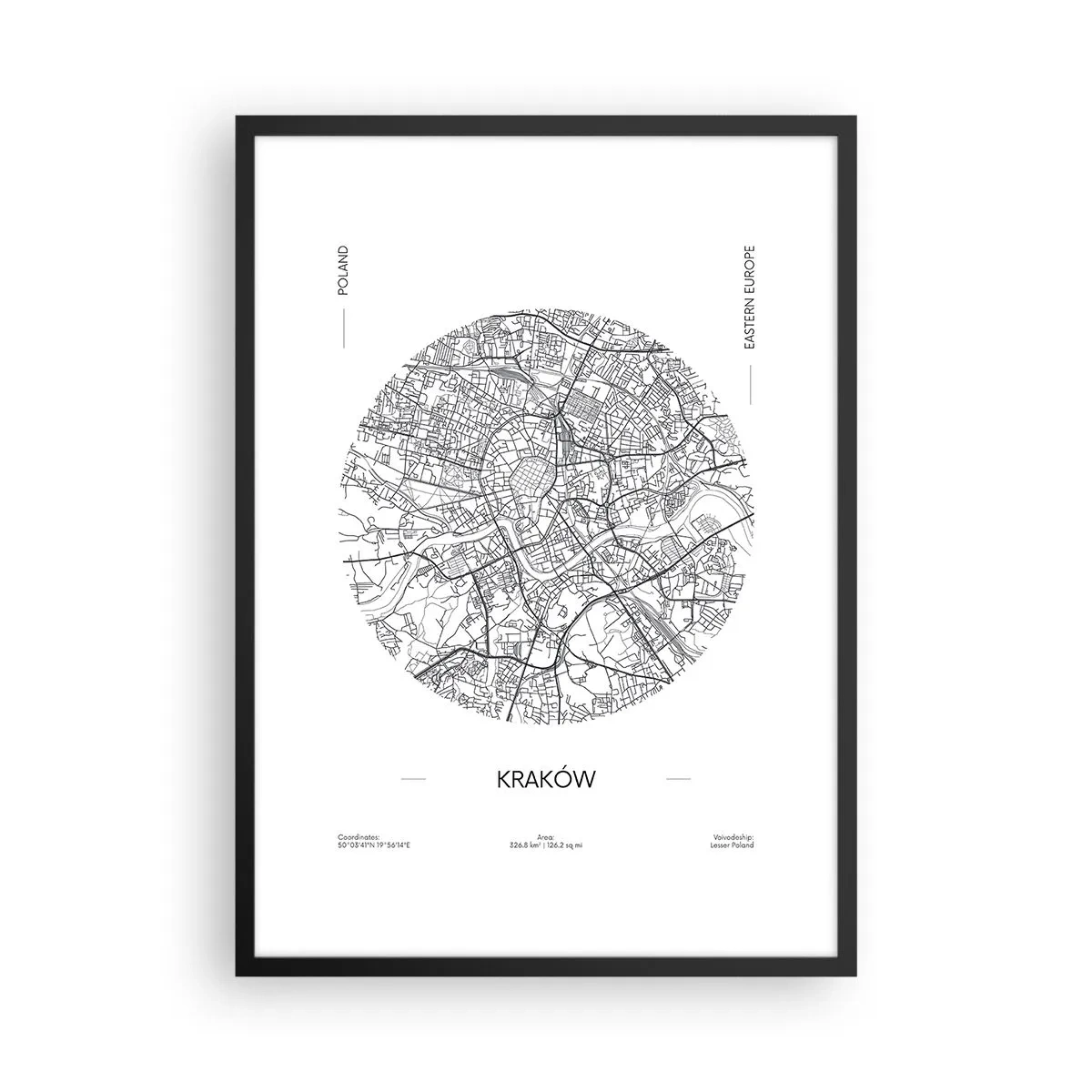 Pôster com moldura preta - Um mapa minimalista de Cracóvia em um círculo - 50x70cm - Anatomia de Cracóvia - Decoração de parede moderna para a sala de estar e quarto ARTTOR