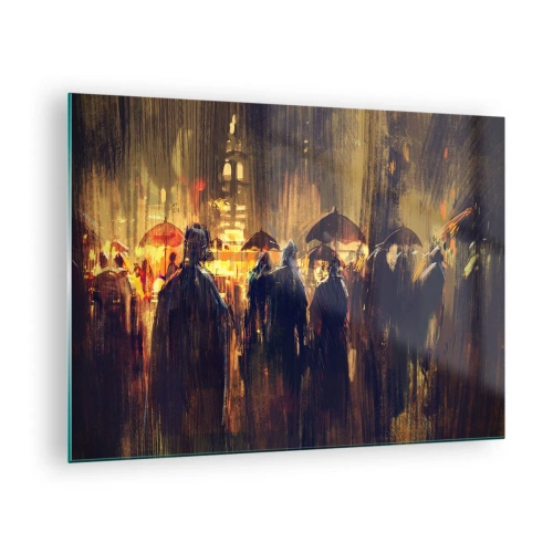 Quadro em vidro - Uma multidão com guarda-chuvas na chuva tendo como pano de fundo as luzes da cidade - 70x50cm - Os seguidores da chuva - Decoração de parede moderna para a sala de estar e quarto ARTTOR