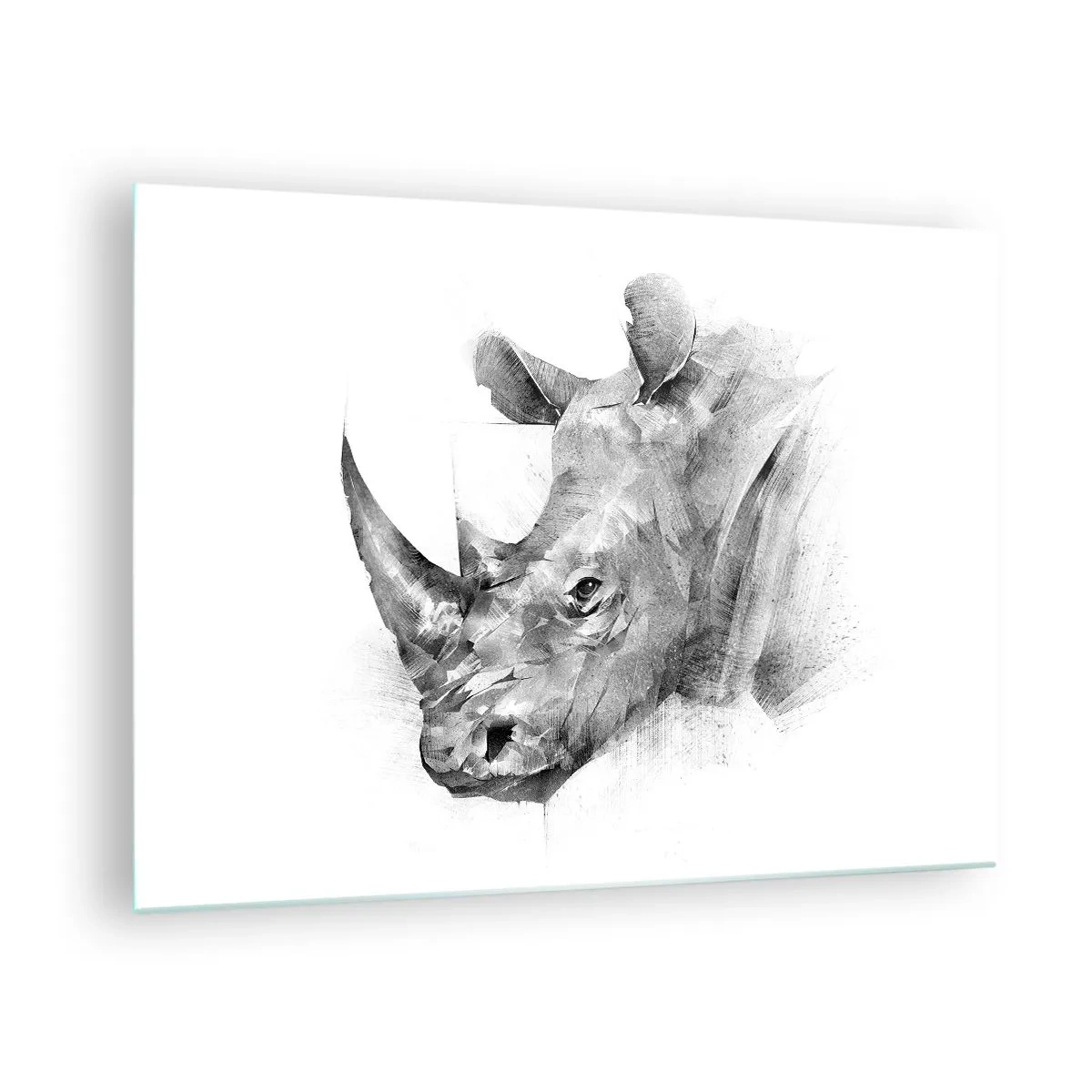 Quadro em vidro - Retrato em preto e branco de um rinoceronte em uma abordagem artística - 70x50cm - Retrato africano - Decoração de parede moderna para a sala de estar e quarto ARTTOR