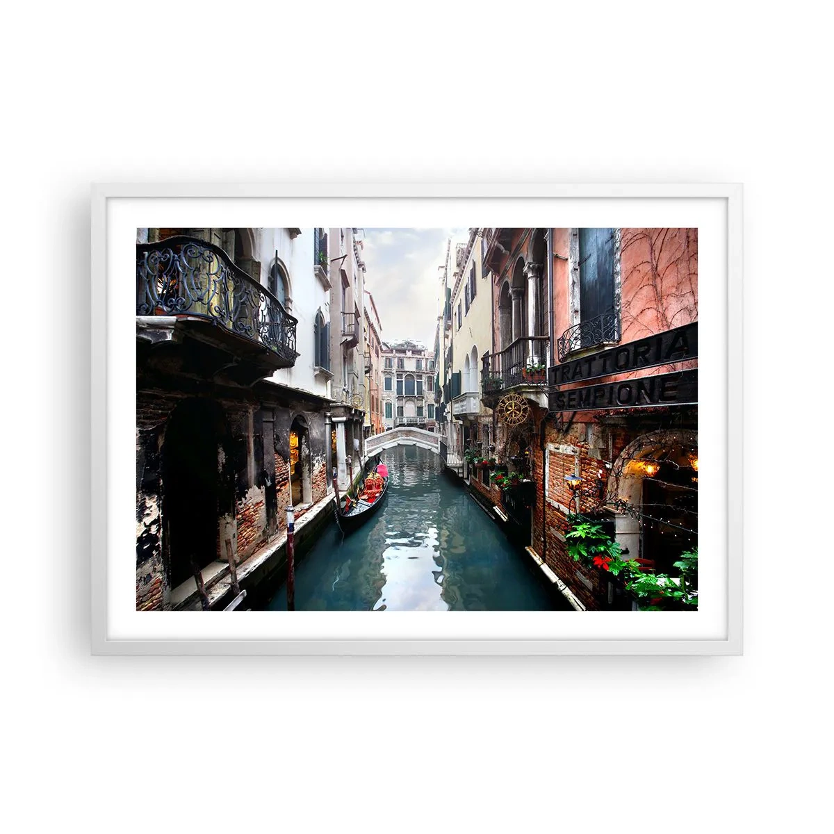 Pôster em moldura branca - Paisagem veneziana com gôndola e ponte - 70x50 cm