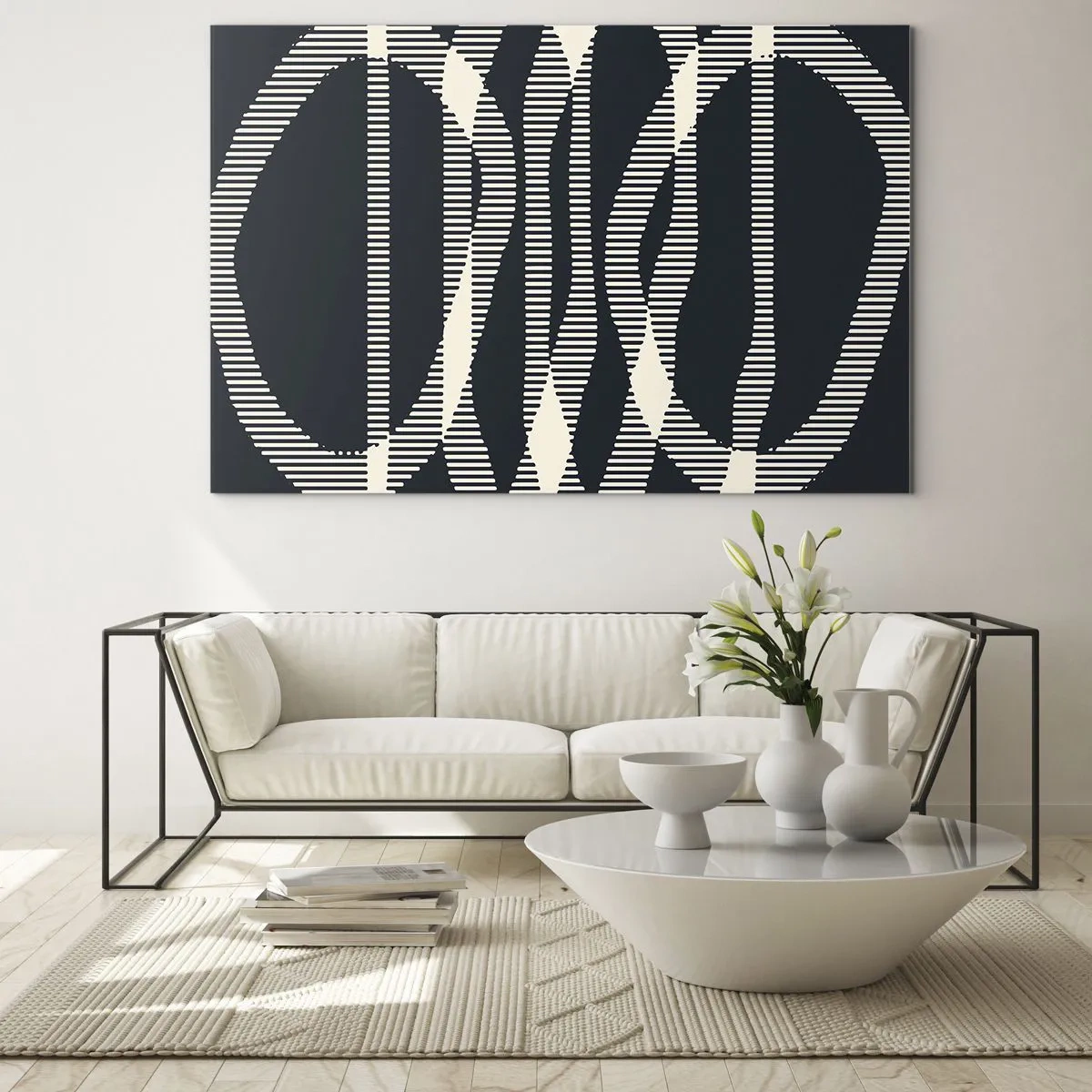 Quadro em vidro - Linhas geométricas em tons de preto e bege - 70x50cm - Uma tentativa de quebrar a escuridão - Decoração de parede moderna para a sala de estar e quarto ARTTOR