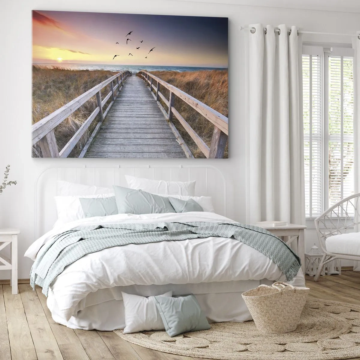 Quadro em tela - Cais de madeira que leva à praia ao pôr do sol - 70x50cm - O espaço das alturas - Decoração de parede moderna para a sala de estar e quarto ARTTOR