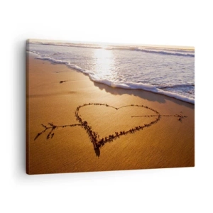 Quadro em tela - Um coração feito de areia na praia durante o pôr do sol - 70x50cm - Declaração de férias - Decoração de parede moderna para a sala de estar e quarto ARTTOR