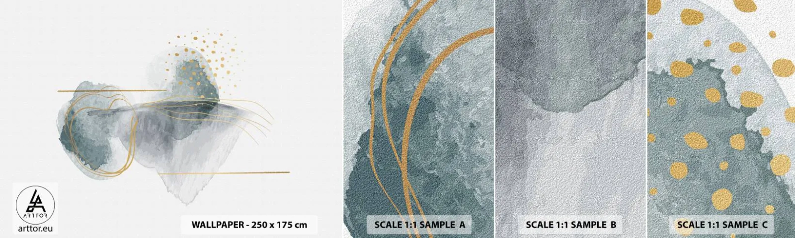 Amostra de papel de parede autocolante Deluxe Sticker - Sobre a relação entre o cinza e o dourado - Abstração, Pedaço, Formas interessantes - 100x30 cm