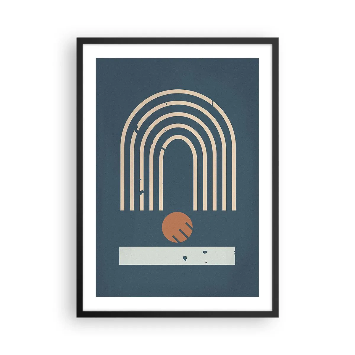 Pôster com moldura preta - Arcos geométricos e uma esfera em um fundo escuro - 50x70cm - Geometria em azul marinho - Decoração de parede moderna para a sala de estar e quarto ARTTOR