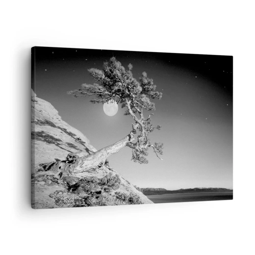 Quadro em tela - Árvore preta e branca em um penhasco com a lua ao fundo - 70x50cm - Guerreira vitoriosa - Decoração de parede moderna para a sala de estar e quarto ARTTOR