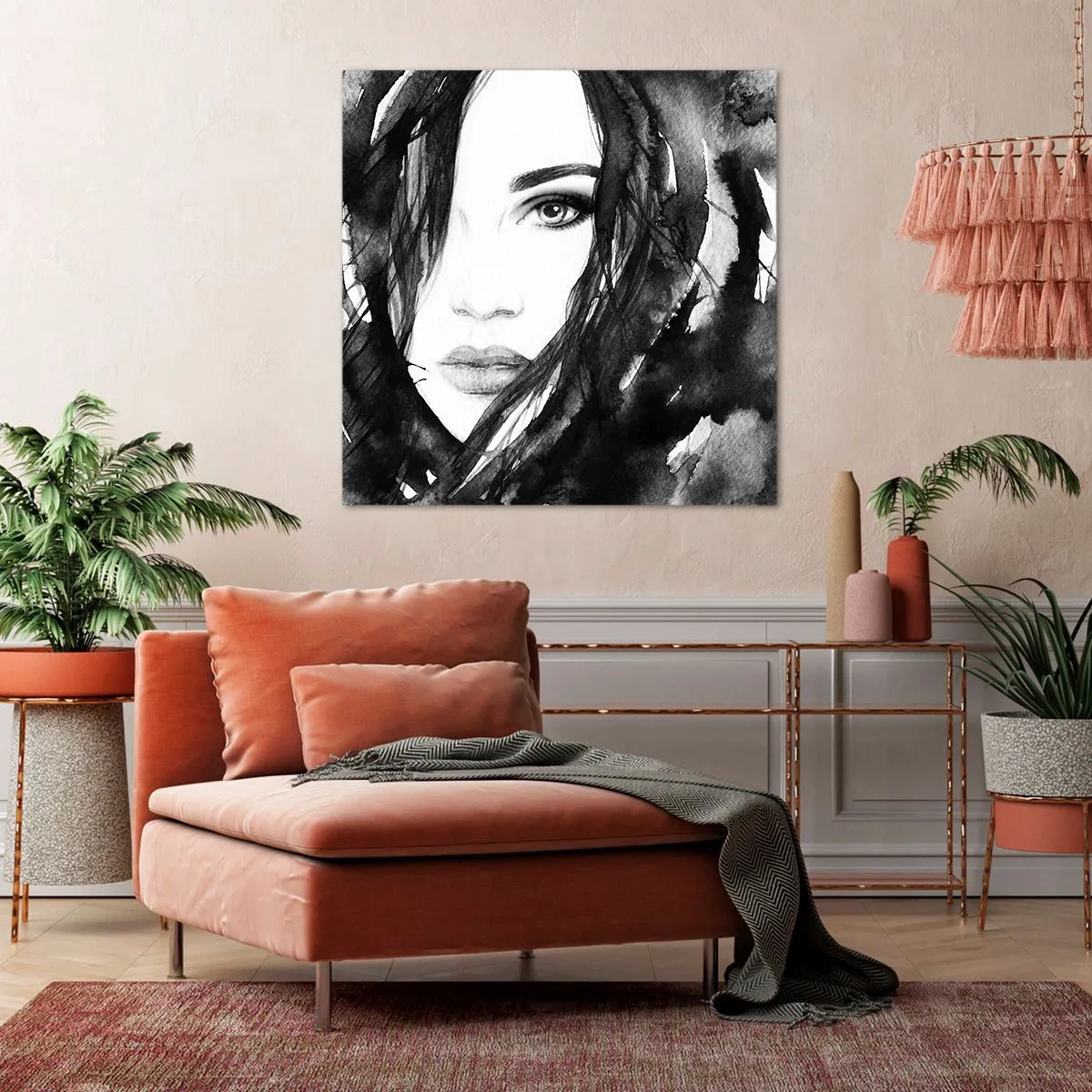 Quadro em tela - Retrato de uma dama a preto e branco - 40x40 cm