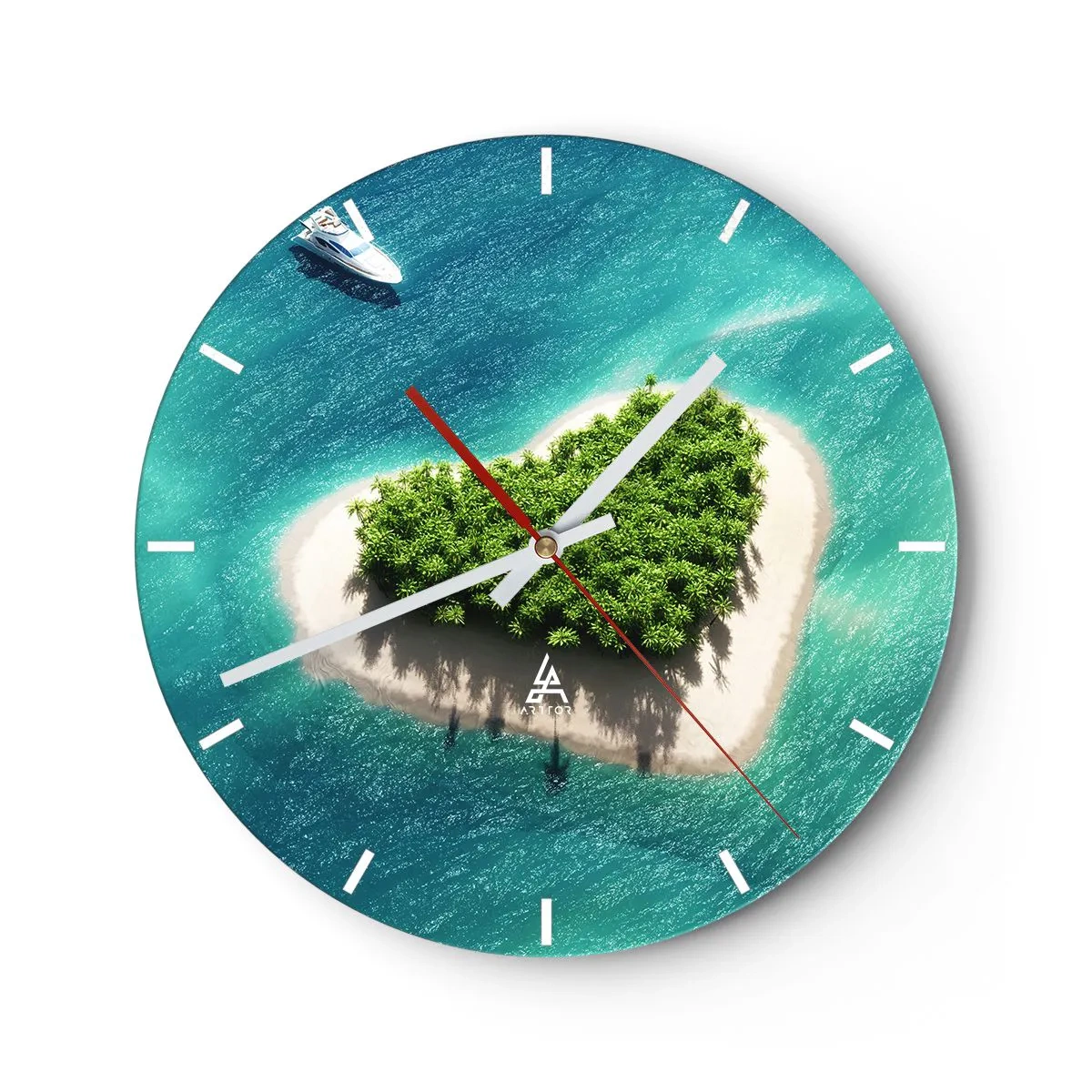 Relógio de parede - Relógio em vidro - Uma ilha em forma de coração com um mar azul-turquesa como pano de fundo - 30x30cm - Eu amo o verão - Decoração de parede moderna para a sala de estar, cozinha e quarto ARTTOR