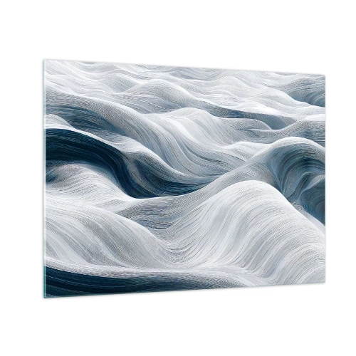 Quadro em vidro - Ondas abstratas em tons de branco e azul criando um efeito de movimento - 70x50cm - Ondas brancas e azuis - Decoração de parede moderna para a sala de estar e quarto ARTTOR