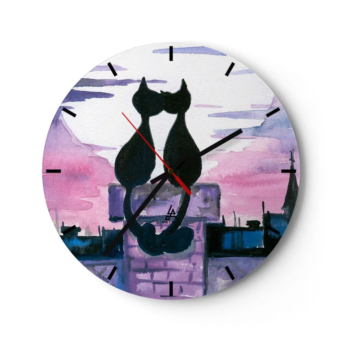 Relógio de parede - Relógio em vidro - Silhuetas de dois gatos contra o céu rosa - 30x30cm - Rendez-vous sob a lua - Decoração de parede moderna para a sala de estar, cozinha e quarto ARTTOR