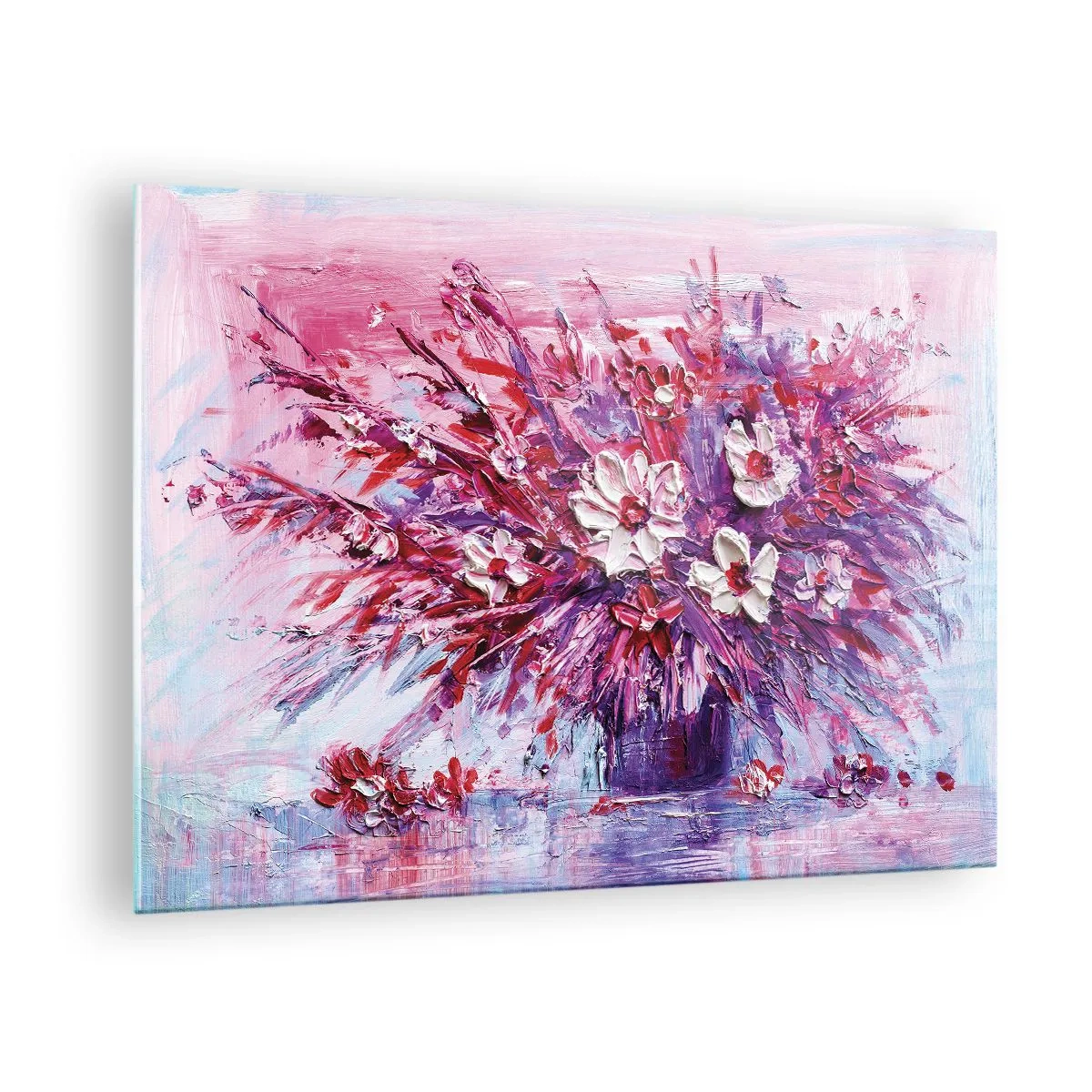 Quadro em vidro - Um buquê de flores em tons de rosa e roxo - 70x50cm - Inocência e paixão - Decoração de parede moderna para a sala de estar e quarto ARTTOR