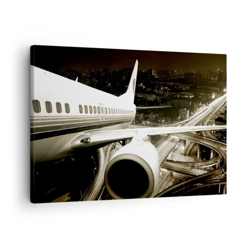 Quadro em tela - Um avião sobre uma cidade noturna com rodovias iluminadas - 70x50cm - Voar para a noite - Decoração de parede moderna para a sala de estar e quarto ARTTOR