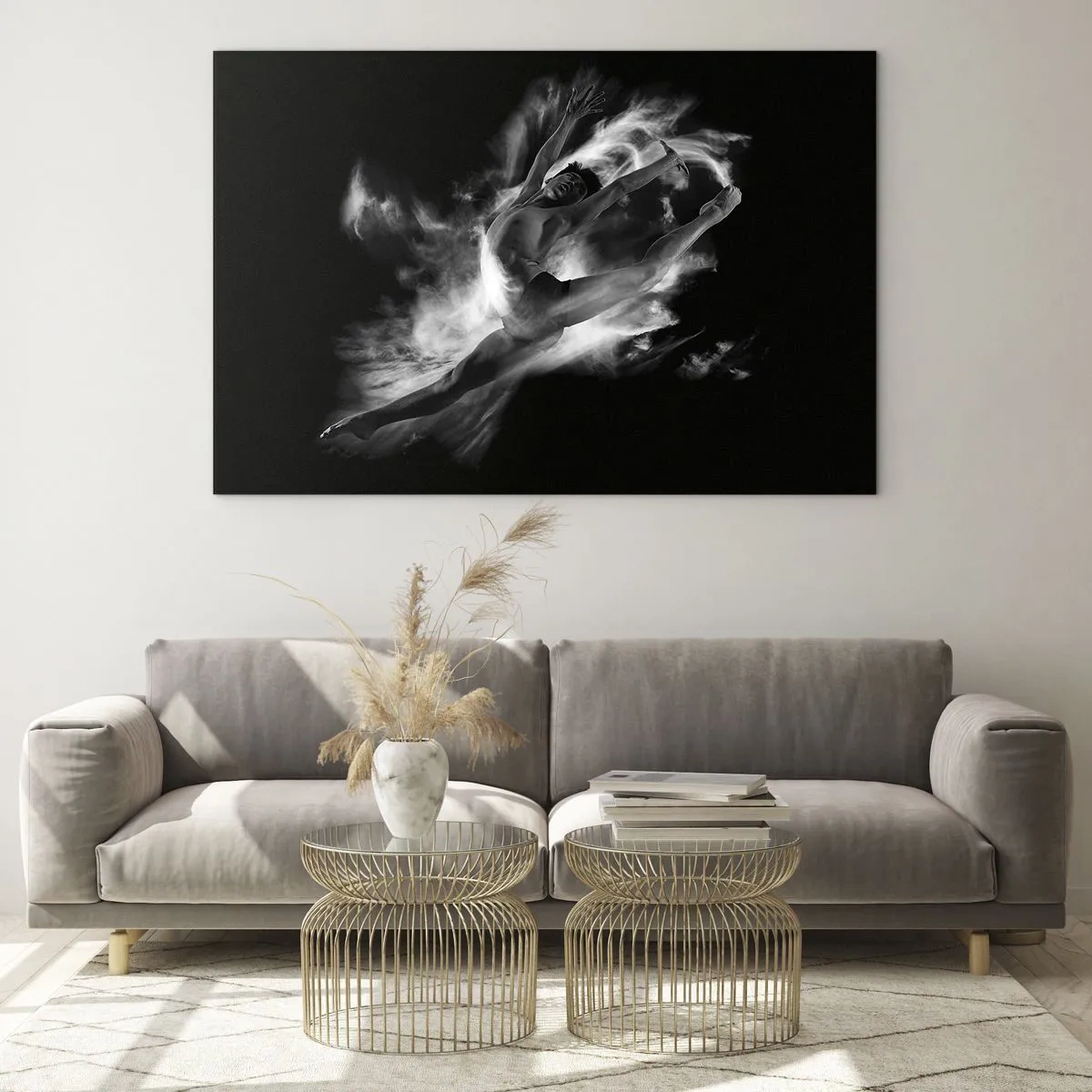 Quadro em vidro - Silhueta em preto e branco de uma dançarina em movimento dinâmico - 70x50cm - Parado no ar - Decoração de parede moderna para a sala de estar e quarto ARTTOR