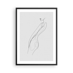 Pôster com moldura preta - Um esboço minimalista de uma silhueta feminina contra um fundo claro. - 50x70cm - Apenas uma promessa - Decoração de parede moderna para a sala de estar e quarto ARTTOR