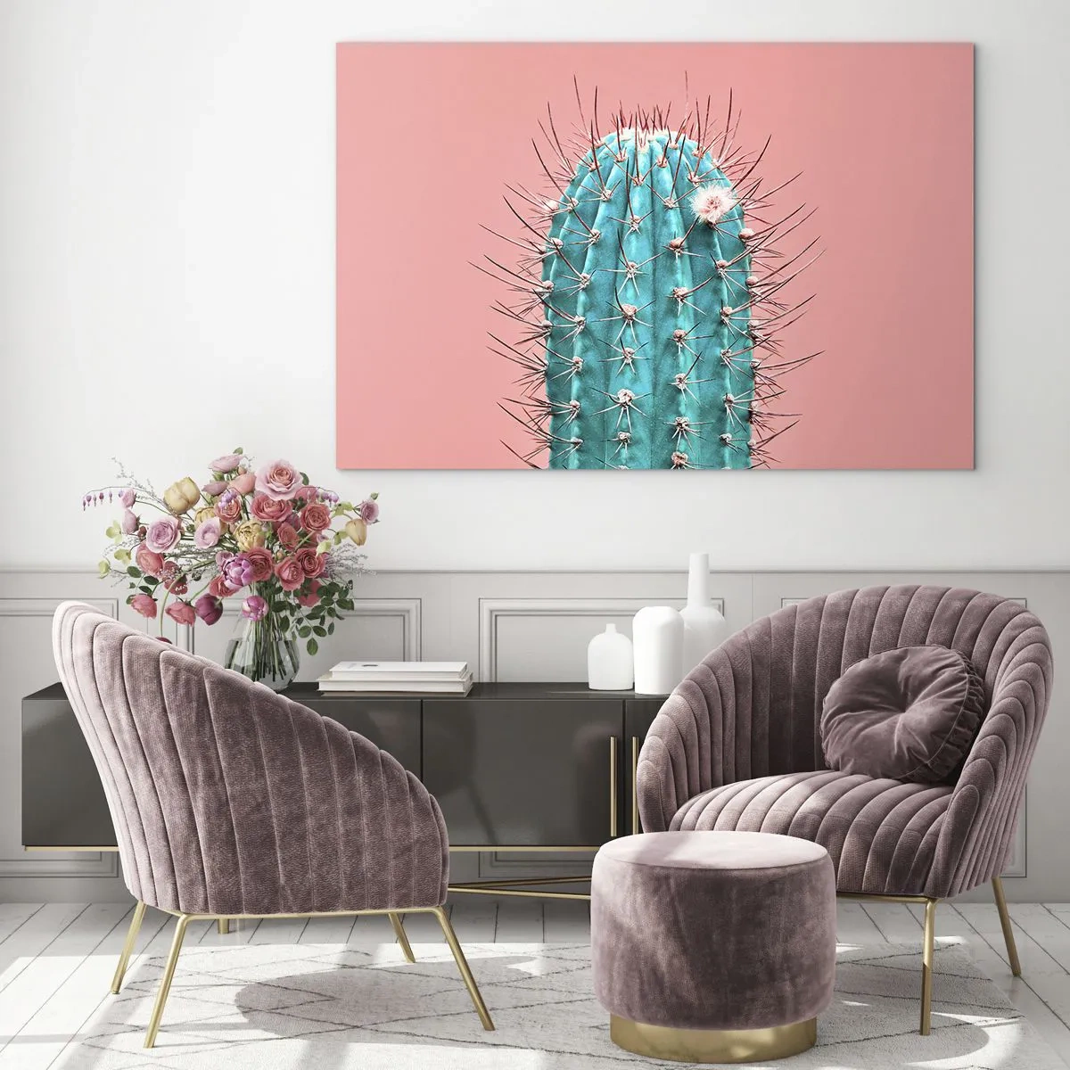 Quadro em vidro - Cacto verde com espinhos em um fundo rosa - 70x50cm - Apenas olhe - Decoração de parede moderna para a sala de estar e quarto ARTTOR