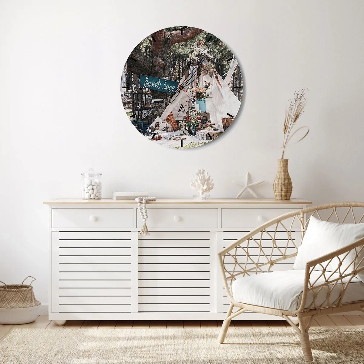 Relógio de parede - Relógio em vidro - Decoração de casamento romântica em um ambiente de floresta - 30x30cm - Make love… - Decoração de parede moderna para a sala de estar, cozinha e quarto ARTTOR