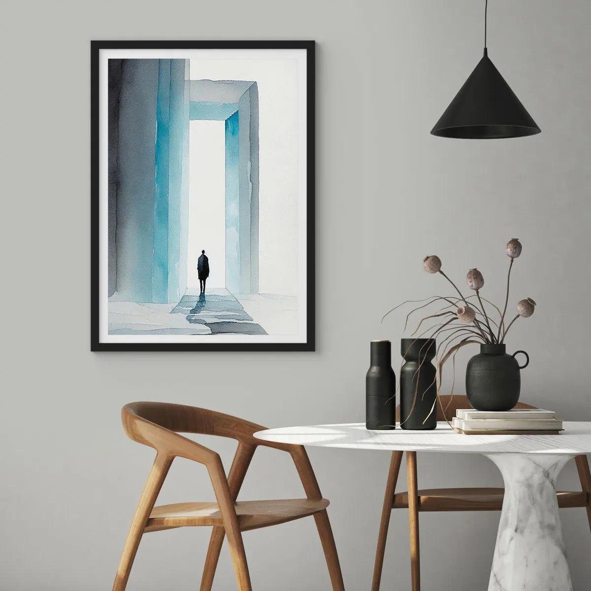 Pôster com moldura preta - Uma figura caminhando por um portão azul, simbolizando liberdade e possibilidades ilimitadas - 50x70cm - Viva sem limites - Decoração de parede moderna para a sala de estar e quarto ARTTOR