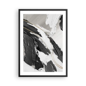 Pôster com moldura preta - Pinceladas abstratas em preto, branco e dourado - 50x70cm - Abstração em grande escala - Decoração de parede moderna para a sala de estar e quarto ARTTOR