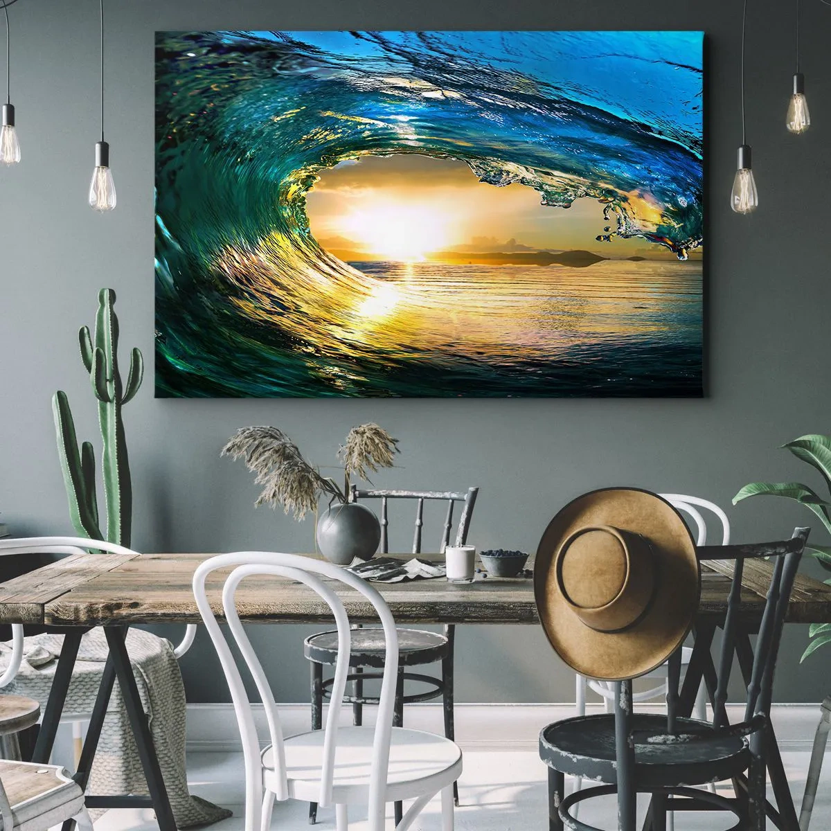 Quadro em tela - Onda do mar ao sol com vista para o horizonte - 70x50cm - Em cristal esmeralda dourado - Decoração de parede moderna para a sala de estar e quarto ARTTOR