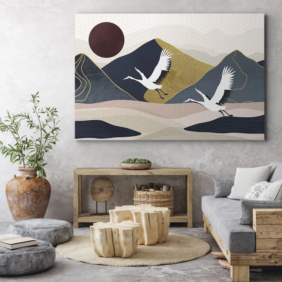 Quadro em tela - Guindastes em voo contra o pano de fundo de montanhas e um sol vermelho - 70x50cm - E o dia acaba novamente - Decoração de parede moderna para a sala de estar e quarto ARTTOR