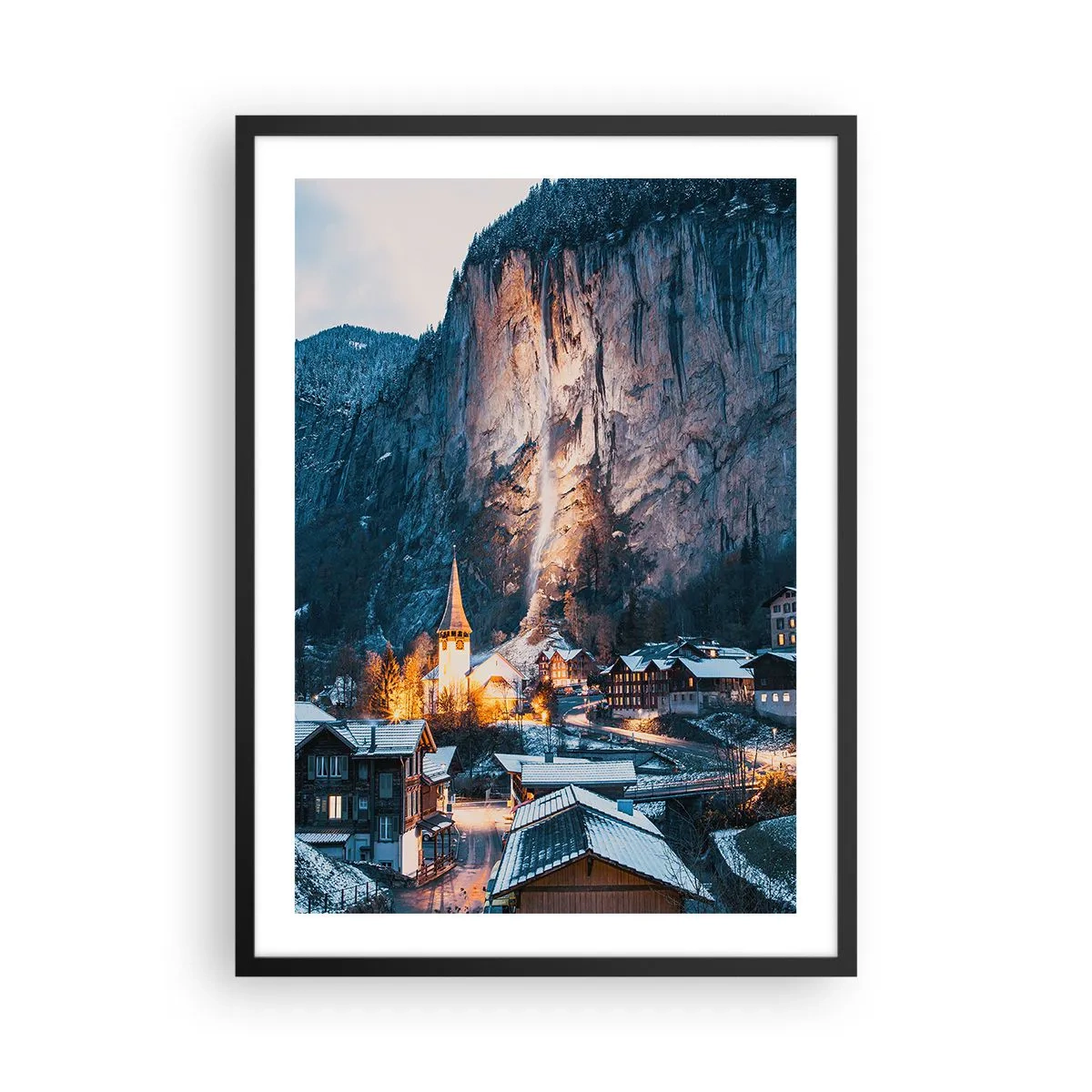 Pôster com moldura preta - Vila de inverno iluminada ao pé do penhasco - 50x70cm - O espírito luminoso do inverno - Decoração de parede moderna para a sala de estar e quarto ARTTOR