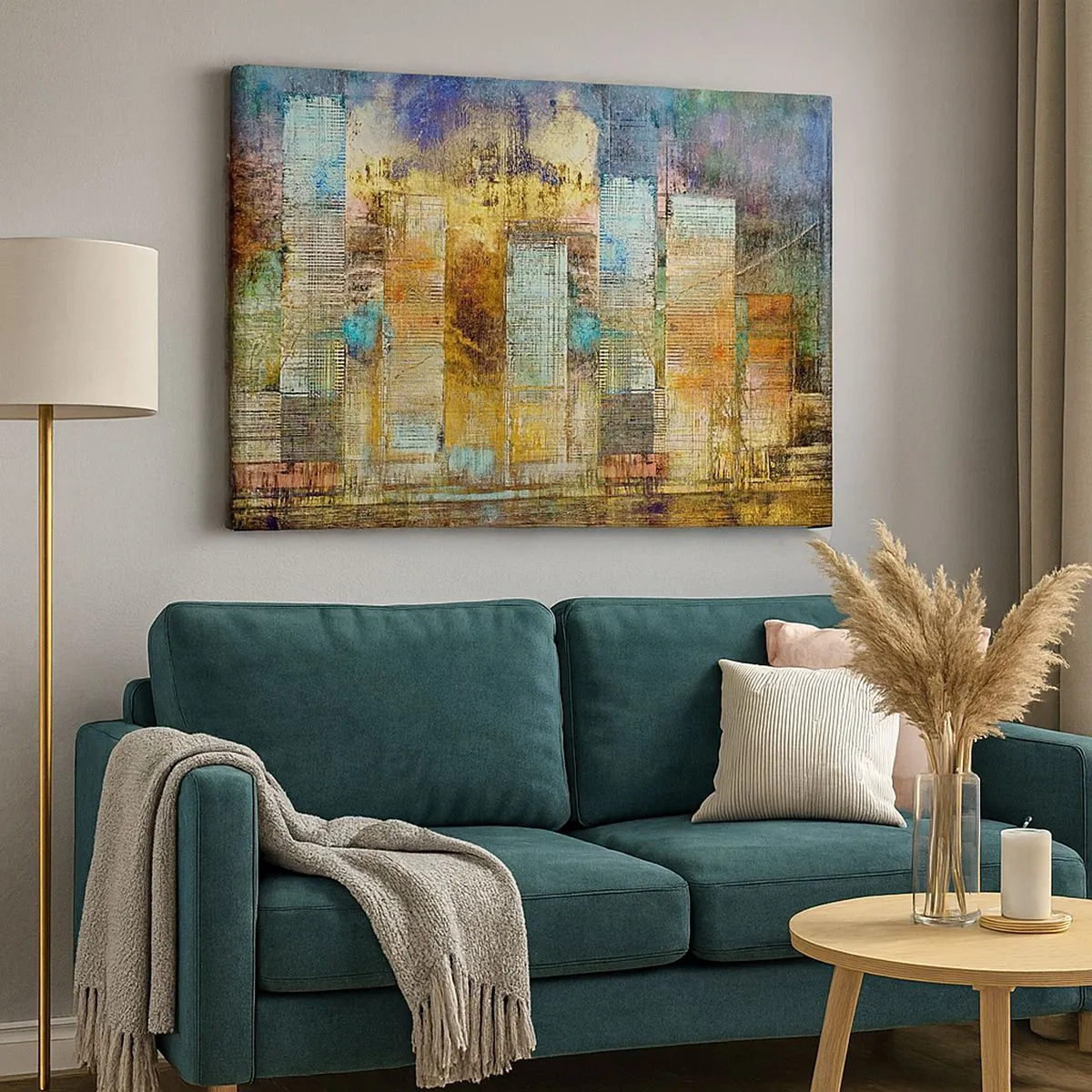 Quadro em tela - Arranha-céus abstratos em estilo industrial - 70x50cm - Uma metrópole ensolarada - Decoração de parede moderna para a sala de estar e quarto ARTTOR