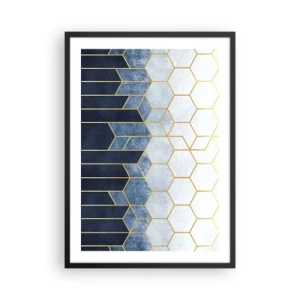 Pôster com moldura preta - Composição geométrica em tons de azul marinho e dourado com hexágonos - 50x70cm - Composição em ritmo sincopado - Decoração de parede moderna para a sala de estar e quarto ARTTOR