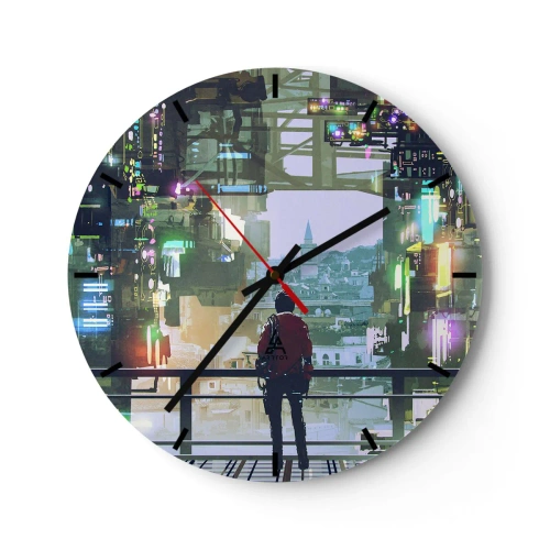 Relógio de parede - Relógio em vidro - Uma figura em uma cidade futurista com luzes de neon e um horizonte ao fundo - 30x30cm - Dois mundos - Decoração de parede moderna para a sala de estar, cozinha e quarto ARTTOR