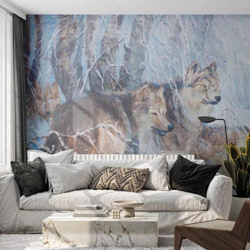 Papel de Parede Premium Sand - Atenção! Está a vir... - Animais, Lobos, Floresta - 250x175 cm