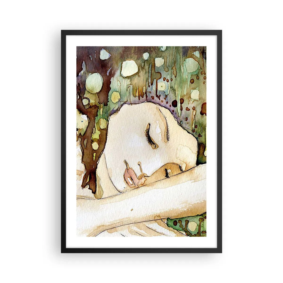 Pôster com moldura preta - Retrato artístico em aquarela de uma mulher dormindo - 50x70cm - Um sonho Violeta Esmeralda - Decoração de parede moderna para a sala de estar e quarto ARTTOR