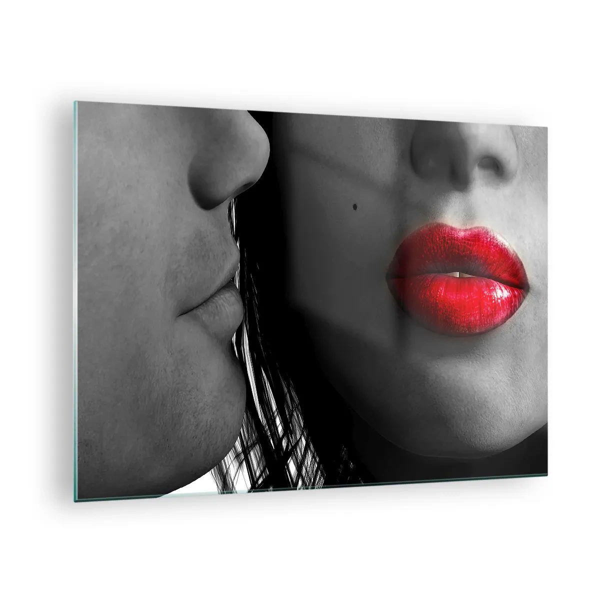 Quadro em vidro - Lábios sensuais em uma foto contrastante - 70x50cm - Cara a cara  - Decoração de parede moderna para a sala de estar e quarto ARTTOR