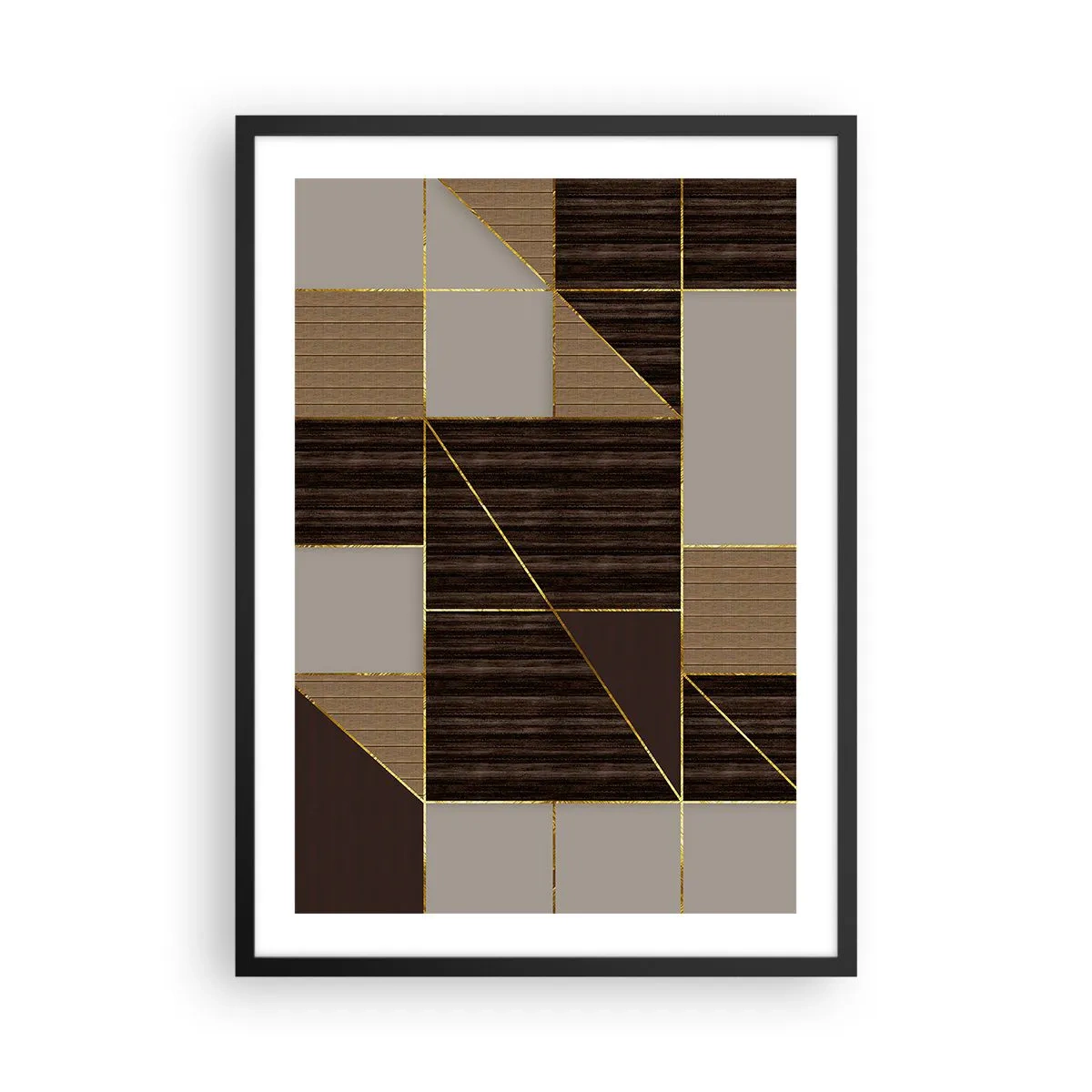 Pôster com moldura preta - Composição geométrica em tons de marrom e dourado - 50x70cm - Mosaico de bronzes e ouro - Decoração de parede moderna para a sala de estar e quarto ARTTOR