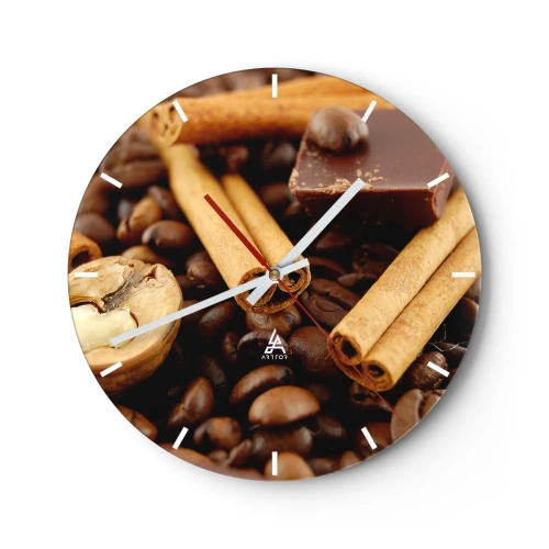 Relógio de parede - Relógio em vidro - Grãos de café, canela e pedaços de chocolate - 30x30cm - Concerto de aromas - Decoração de parede moderna para a sala de estar, cozinha e quarto ARTTOR