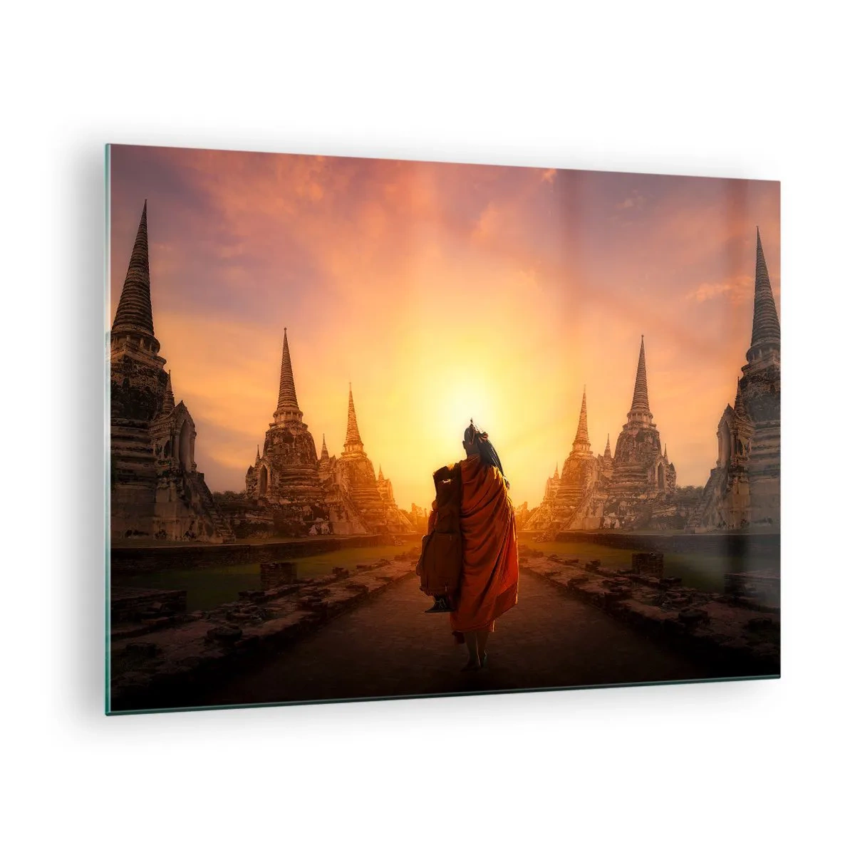 Quadro em vidro - Um monge tendo como pano de fundo o pôr do sol e templos na Ásia - 70x50cm - Em paz para a eternidade - Decoração de parede moderna para a sala de estar e quarto ARTTOR