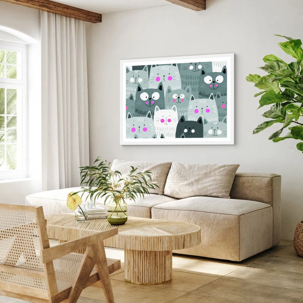 Pôster em moldura branca - O mundo dos gatos - 100x70 cm