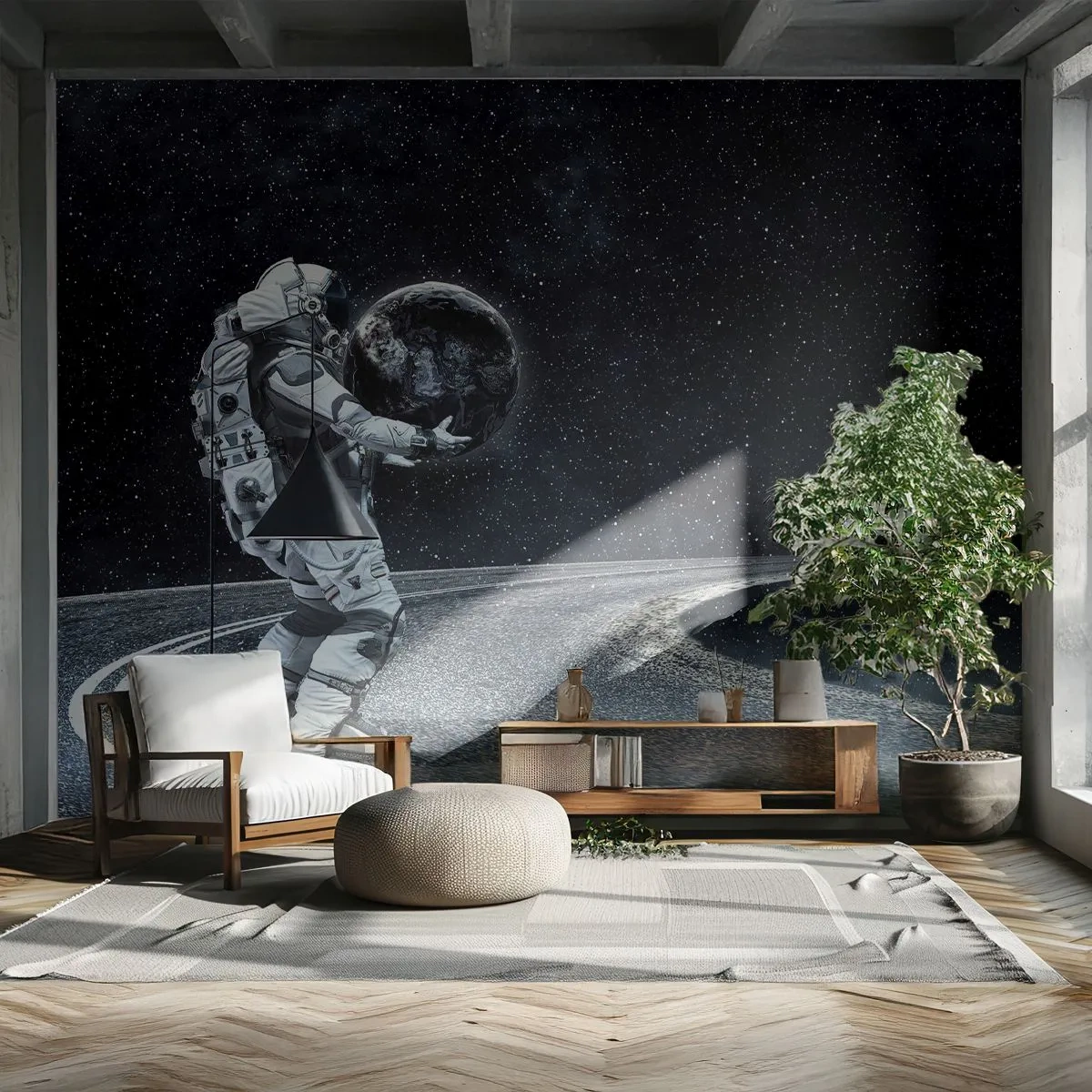 Papel de Parede Standard Eco - Astronauta carregando a Terra em uma jornada entre as estrelas - 100x70cm - Na Via Láctea - Decoração de parede moderna para a sala de estar e quarto ARTTOR