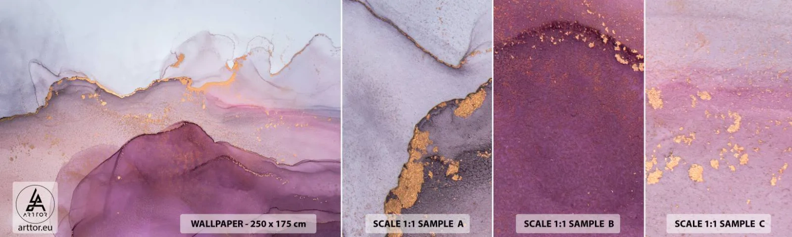 Amostra de Papel de Parede Standard Eco - Ondas de lilás e roxo - Abstração, Pedaço, Arte Moderna. - 100x30 cm