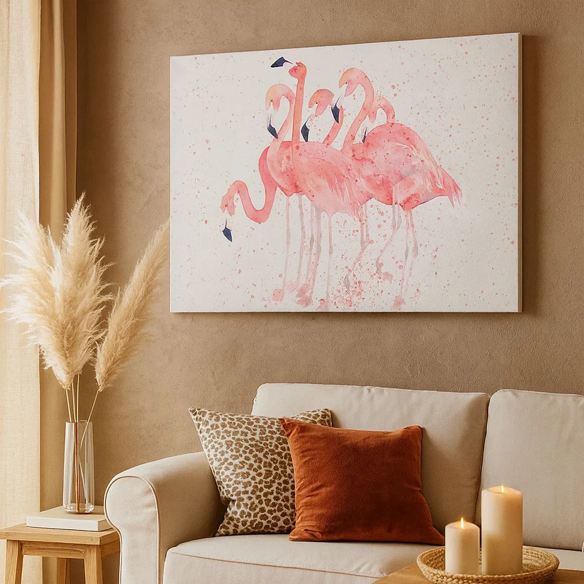 Quadro em tela - Flamingos cor de rosa em estilo artístico de aquarela - 70x50cm - Conjunto cor-de-rosa - Decoração de parede moderna para a sala de estar e quarto ARTTOR