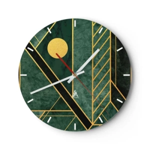 Relógio de parede - Relógio em vidro - Fundo verde com linhas geométricas douradas e um círculo dourado - 30x30cm - A dinâmica do ouro e do azul - Decoração de parede moderna para a sala de estar, cozinha e quarto ARTTOR