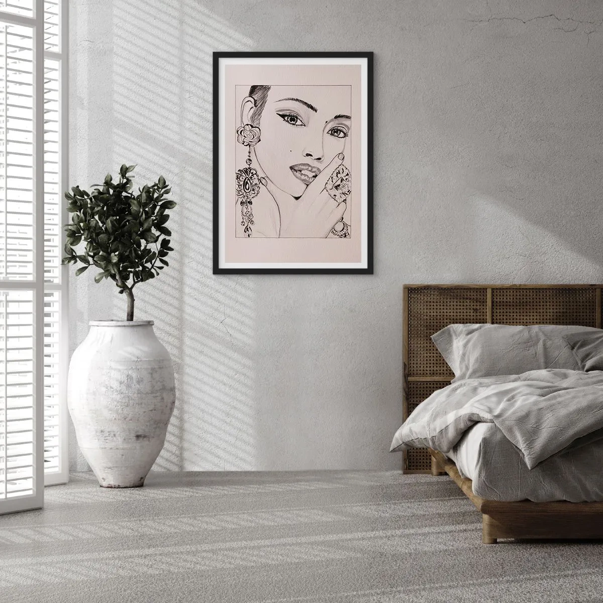 Pôster com moldura preta - Esboço de uma mulher usando joias glamorosas - 50x70cm - A joia mais linda - Decoração de parede moderna para a sala de estar e quarto ARTTOR