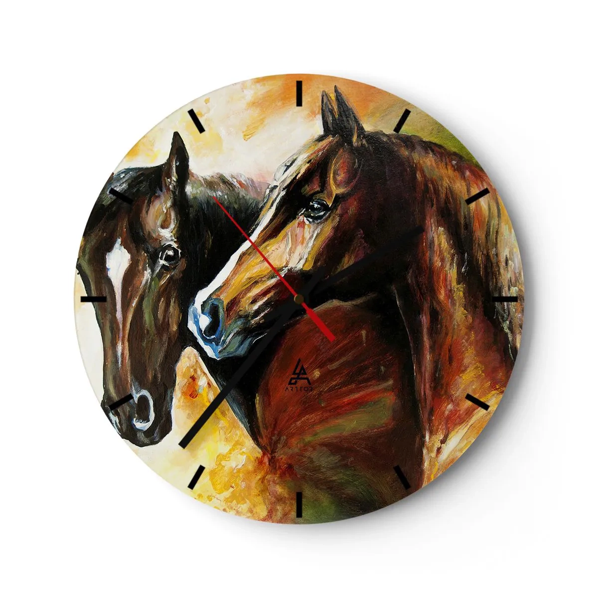 Relógio de parede - Relógio em vidro - Dois cavalos em um estilo artístico pitoresco e dinâmico - 30x30cm - Encanto em dobro - Decoração de parede moderna para a sala de estar, cozinha e quarto ARTTOR