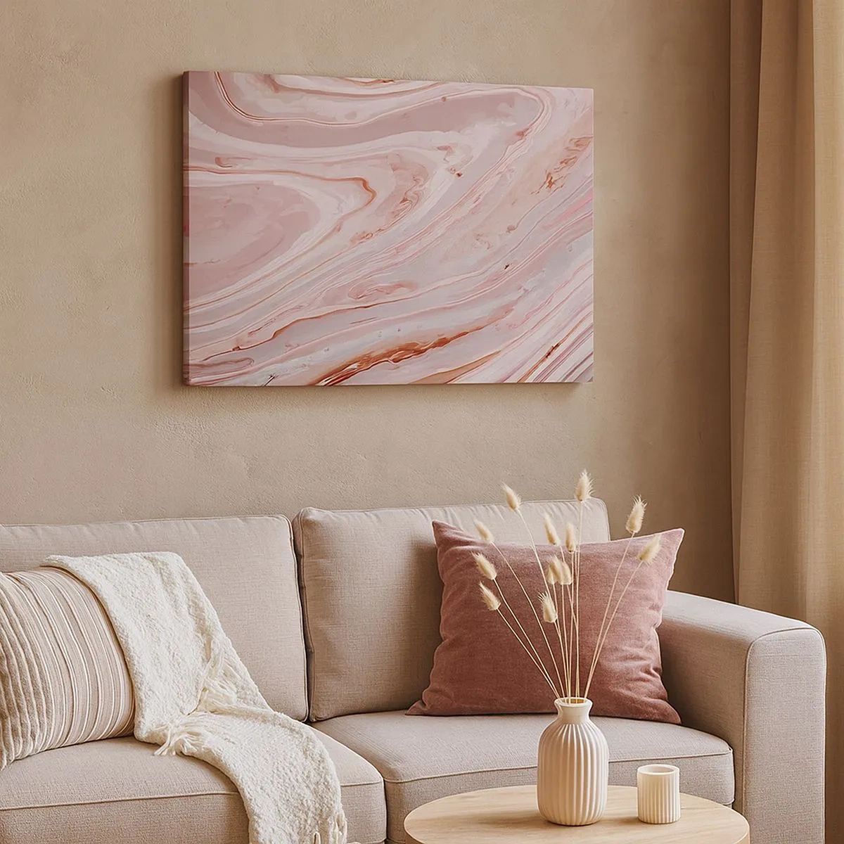 Quadro em tela - Ondas abstratas em delicados tons de rosa e bege - 70x50cm - Rosa líquido - Decoração de parede moderna para a sala de estar e quarto ARTTOR
